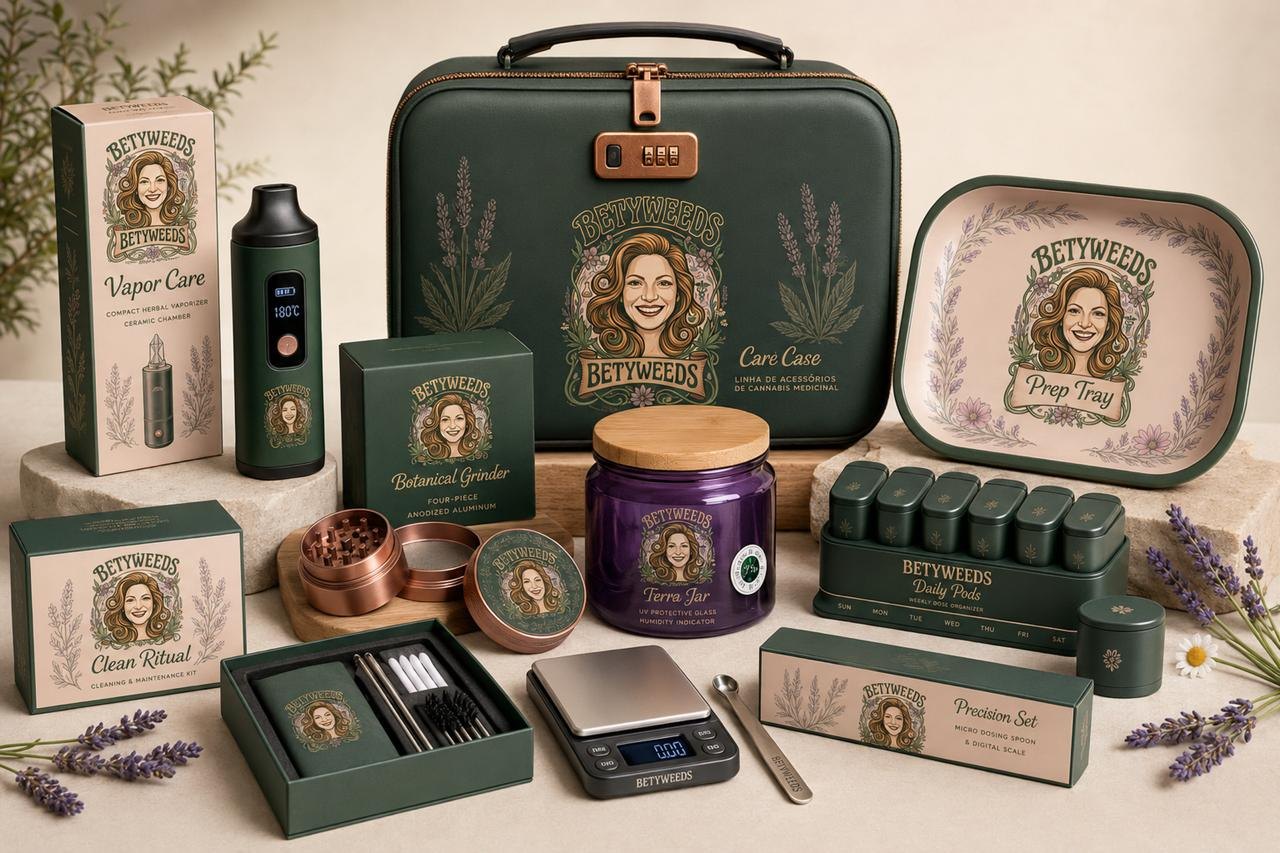 A linha Betyweeds completa: maleta Care Case, vaporizador Vapor Care, moedor Botanical Grinder, pote Terra Jar, bandeja Prep Tray, organizador Daily Pods, kit Clean Ritual e balança Precision Set